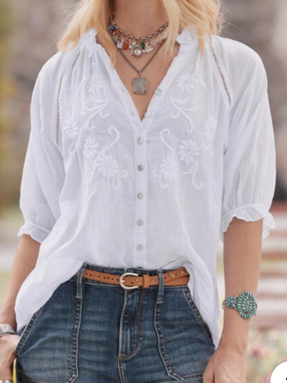 White Embroidered Button-Front Blouse